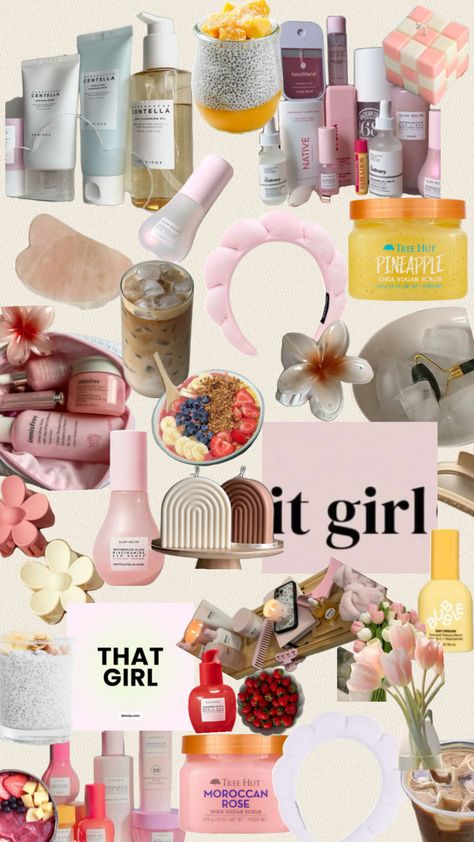 It Girl Skincare Collage #itgirlaesthetic It Girl Skincare, Skincare Collage, Girl Doing Skincare Aesthetic, Clean Girl Collage, Girl Skincare, Skincare Shuffles, Tree Hut, It Girl, Sugar Scrub