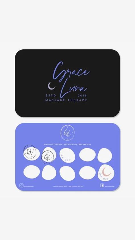 Massage therapist logo brand design and appointment loyalty cards by Awakening Creative Co. Coffee Shop Loyalty Card Design, Therapist Logo Design, Coffee Loyalty Card, Loyalty Business Cards, Beauty Loyalty Card, Stamp Card Loyalty, Therapist Logo, Wellness Branding, Loyalty Cards