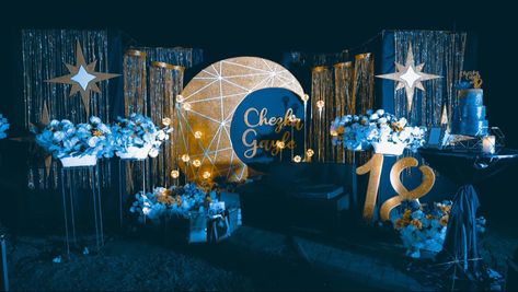 Debut Blue Theme Ideas, Moon Debut Theme, Under The Stars Quinceanera Theme Decoration, Debut Theme Ideas Starry Nights, Starry Night Debut Theme, Starry Night Party Theme, Debut Backdrop, 18th Party Themes, Under The Stars Quinceanera Theme