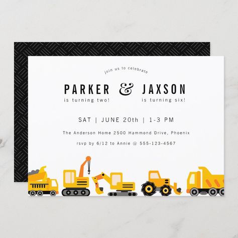 Modern Minimalist Backyard, Minimalist Backyard, Construction Themed Birthday Party, Combined Birthday Parties, Birthday 1st, Truck Theme, Birthday Party Design, Construction Trucks, Modern Birthday