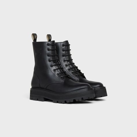 CELINE BULKY LACE-UP BOOT IN SHINY BULLSKIN - BLACK | CELINE Celine Boots, Fragrance Bottle, Handbags Leather, Boutique Online, Leather Goods, Boots Black, Lace Up Boots, Boot Shoes Women, Black Boots