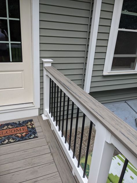 Gray Porch With Black Railings, Drink Rail Deck, Deck Drink Rail, Gray Deck With Black Railing Wood, Gray Deck With White Railing, Deck Colors For Gray House, Step Remodel, Trex Deck Colors For Tan House, Trex Deck Ideas White Railings