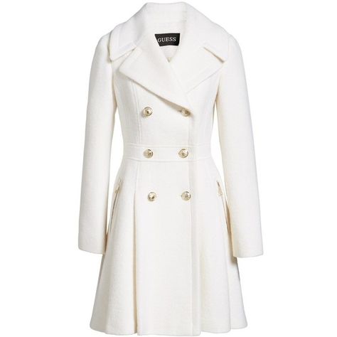 Women's Guess Double Breasted Wool Blend Coat ($140) ❤ liked on Polyvore featuring outerwear, coats, white coat, shiny coat, military coats, double breasted wool blend coat and double-breasted coat वेस्टर्न ड्रेस, Dress Coats For Women, Winter Mode Outfits, Military Style Coats, Burberry Coat, Paris Chic, Military Coat, White Coat, Coat Outfits