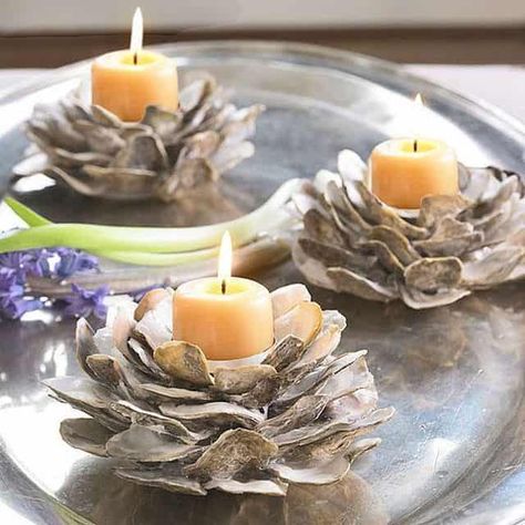 Diy Centerpieces Cheap, Oyster Shell Candle Holder, Oyster Shell Mirror, Oyster Candle, Oyster Shells Decor, Shell Candle Holder, Recycling Crafts, Deco Marine, Oyster Shell Crafts