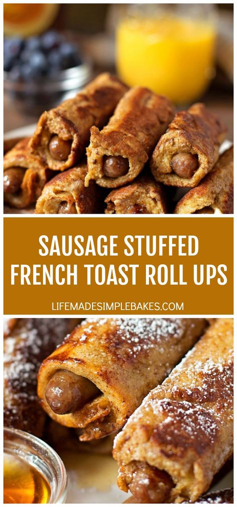 These sausage stuffed french toast roll ups are perfect for breakfast or brunch! They're drizzled in maple syrup and dusted with powdered sugar. #sausagestuffedfrenchtoastrollups #frenchtoastrollups #sausagestuffedfrenchtoast #frenchtoast #breakfast Toast Roll Ups, Breakfast Sausage Links, Life Made Simple, French Toast Roll Ups, French Toast Rolls, Sausage Roll, Ketogenic Desserts, Roll Ups Recipes, Stuffed French Toast