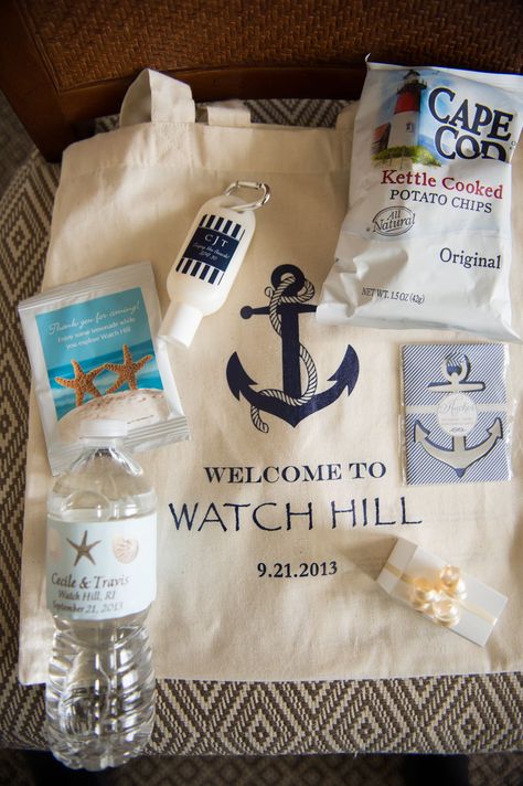 To make their out-of-town guests feel welcome, Cecile and Travis greeted their guests with nautical-themed welcome bags upon their arrival at their hotels. The bags were filled with New England treats, snacks and beach necessities. Beach Birthday Decorations, Lobster Bake, Welcome Basket, Nerd Wedding, Honey Wedding Favors, Welcome Baskets, Pool Party Favors, Hamptons Wedding, Giveaway Ideas