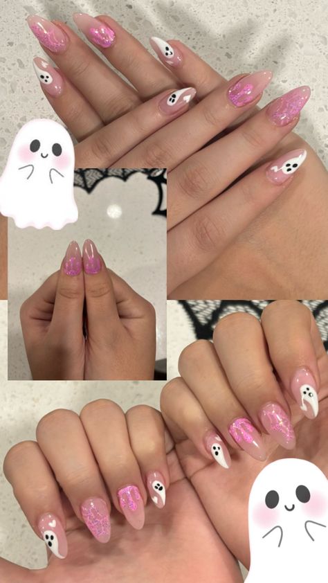 almond pink halloween nails Pink Halloween Nails Almond, Cute Pink Halloween Nails, Pink Autumn Nails, Halloween Nails Almond, Pink Halloween Nails, Almond Nails Pink, Girly Acrylic, October Nails, Girly Acrylic Nails