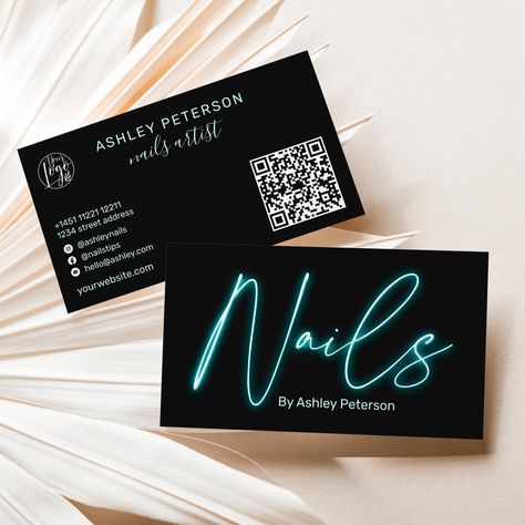 Blue Neon Nails, Interior Designer Business Card, Qr Code Business, Cute Business Cards, Nail Business, Qr Code Business Card, Beauty Business Cards, Neon Makeup, Stylist Business Cards