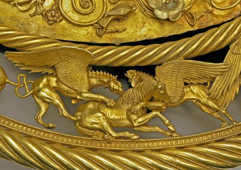 Two griffins attacking a horse - Scythian gold pectoral Scythian Gold, Eurasian Steppe, Chinese Warrior, Ancient Jewellery, Master Art, Pendants Necklace, Wolfram, Tibetan Buddhist, Art Masters