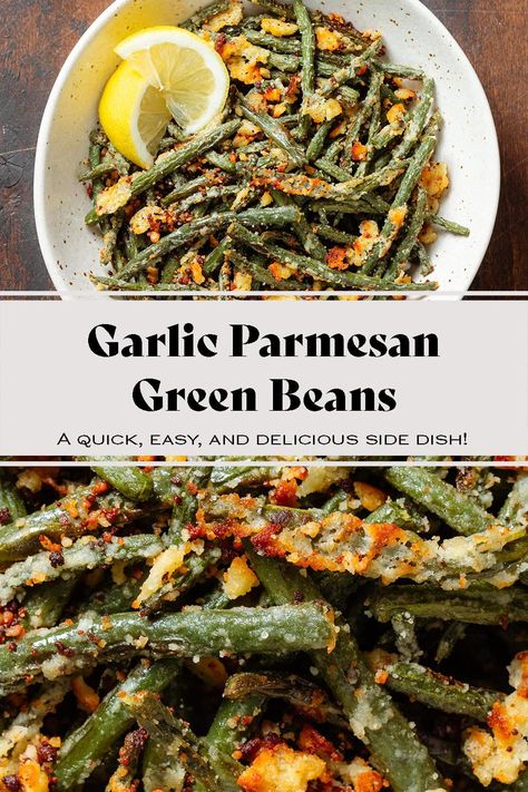 Garlic Parmesan Green Beans French Green Bean Recipes, Garlic Parmesan Green Beans, Parmesan Green Bean Recipes, Thanksgiving Sidedish, 2023 Thanksgiving, Side Dishes Healthy, Healthy Green Beans, Green Beans Side, Crispy Green Beans