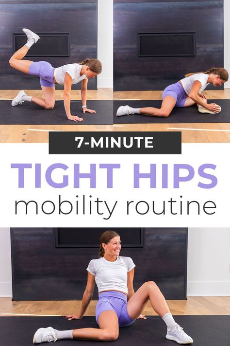 Release tight hips with this guided routine - the best hip mobility exercises for strong, pain-free hips. Increase flexibility and range of motion, reduce muscle tightness and pain, and improve athletic performance with this quick hip mobility routine. This guided mobility routine is a combination of the best hip stretches and hip strengthening exercises. Both releasing tight muscles, and strengthening the small stabilizing muscles surrounding the hips. Hip Releasing Stretches, Right Hip Stretches, Daily Hip Stretches, Best Hip Stretches For Women, Best Hip Flexor Stretches, Hip Groin Stretches, Mobility Exercises Hip, Stretching For Hip Pain, Lunge Stretch Hip Flexors