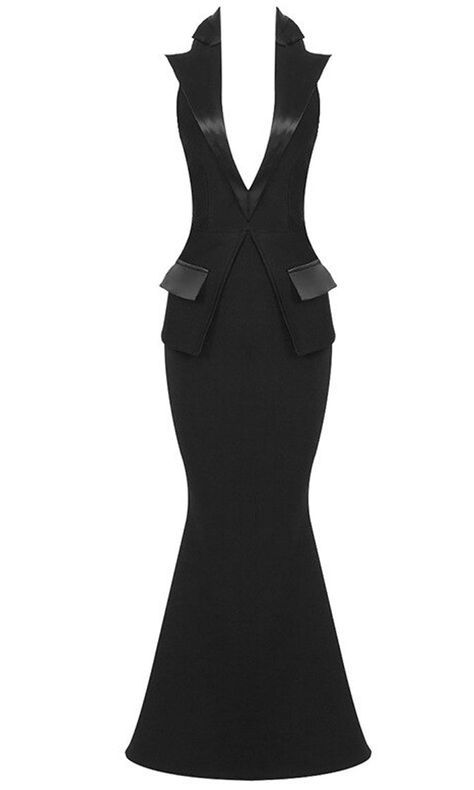 With a tuxedo-inspired vibe, this maxi dress is perfect for any formal celebration. The Tip The Scales gown features a sleeveless, backless bodice with a split waist, a plunge V-neckline, a halter strap around the neck, and satin lapels. The full length mermaid skirt adds a dramatic, feminine touch. Hand wash cold Leng Fishtail Dress, Spandex Dress, Mermaid Skirt, Glam Looks, Necklines For Dresses, Black Sleeveless, Club Dresses, Bandage Dress, Lapel Collar