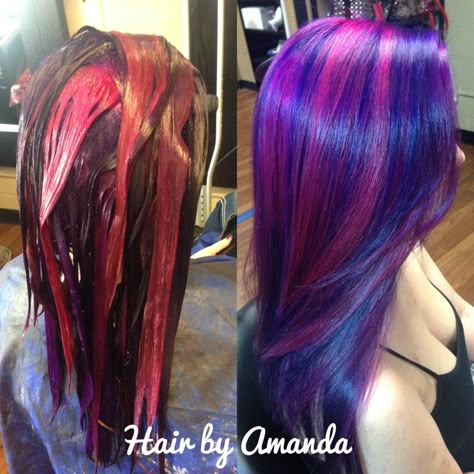 Purple hair. Pink hair. Wild orchid hair. Medium haircut. Straight hair. Healthy hair. Blue And Pink Highlights, Unique Purple Hair, Blue Hair With Pink Highlights, Pink Hair With Purple Highlights, Purple And Pink Hair Highlights, Dark Blue And Pink Hair, Black Pink And Purple Hair, Stunk Strip Hairstyles Purple, Pink And Purple Skunk Stripe Hair