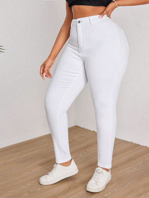 Plus Size Women's Slim Fit Jeans White    Denim Plain Skinny Medium Stretch  Women Plus Clothing, size features are:Bust: ,Length: ,Sleeve Length: Moda Denim, Long Leggings, Mode Casual, Jeans Casual, Plus Size Jeans, Kids Sleepwear, White Collar, White Denim, Long Sleeve Casual