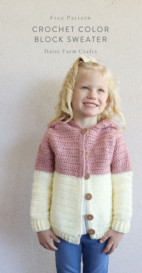 Free Pattern - Crochet Color Block Sweater Kids Sweater Pattern, Kids Crochet Pattern, Crochet Baby Sweaters, Gilet Crochet, Crochet Baby Sweater, Kids Cardigans, Crochet Sweater Pattern Free, Crochet Toddler, Toddler Sweater