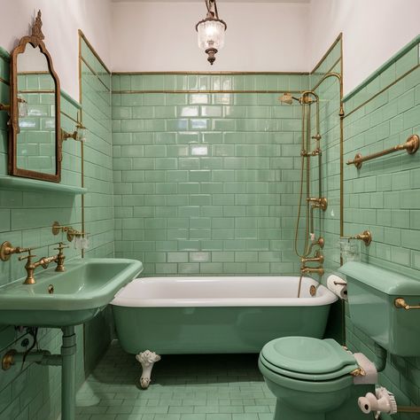 Charming Mint Green Vintage-Style House💖💚💚 Mint Metro Tiles Bathroom, Mint Shower Tile, Mint Bathroom Tile, Seafoam Green Bathroom Ideas, Mint Blue Bathroom, Aqua Bathroom Ideas, Mint Green Interior Design, Green Vintage Bathroom, Green Tile Bathroom Vintage