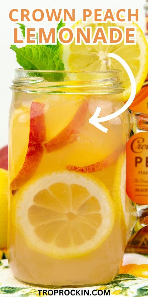 Crown Royal Peach Recipes, Cocktail Recipes With Lemonade, Peach Royal Crown Recipes, Lemonade Drinks With Alcohol, White Peach Drink Recipes, Infused Lemonade Recipes, Fresh Peach Drinks Alcohol, Camping Mixed Drinks, Crown Peach Drink Recipes Easy