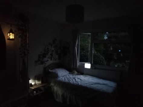 Messy Bedroom Aesthetic Dark, Night Apartment Aesthetic, Liminal Bedroom, Night Room Aesthetic, Nighttime Bedroom, Room Inspo Dark, Gothic Room Aesthetic, Dark Aesthetic Bedroom, Dark Aesthetic Room