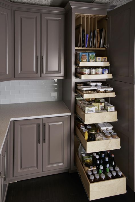 Pantry Cupboard Ideas Cabinets, Large Pull Out Kitchen Cabinets, Small Kitchen Pull Out Pantry, Add A Pantry To Small Kitchen, Pullout Drawers In Pantry, Narrow Pantry Remodel, Narrow Pantry Ideas Cabinets, Long Pull Out Kitchen Cabinet, Cupboard Pull Out Shelves