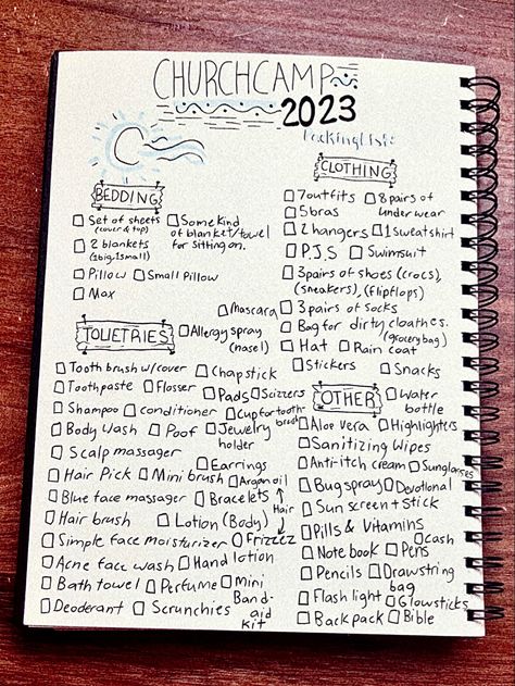 Church camp packing list (girl edition) What To Pack For Church Camp Teens, Christian Camp Packing List, Summer Church Camp Packing List, Winter Camp Packing List, What To Take To Church Camp, Outfit Ideas For Church Camp, Church Camp Instagram Captions, Things To Pack For Church Camp, Summer Camp Counselor Packing List