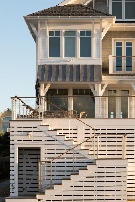 South Hamptons Beach House With Deck and Heated Swimming Pool | HGTV's 2019 Designer of the Year Awards | HGTV Beach House On Stilts, Beach House Stairs, Beach House Deck, Beach House Floor Plans, Hamptons Beach House, Beautiful Beach Houses, Coastal Exterior, Hamptons Beach, Backyard Dreams