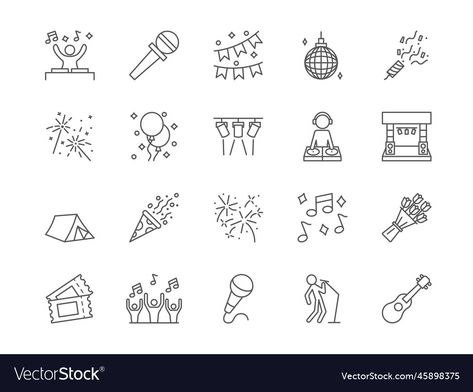 Concert Doodle, Concert Drawing Illustration, Music Concert Illustration, Music Fest Illustration, Cocktail Icon Design, Stage Icons, Dj Disco, Planner Icons, Vector Line