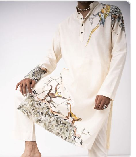 Paint Monkey, Cake Design Inspiration, Wedding Kurta For Men, Gents Kurta Design, Kurta Set For Men, Wedding Outfit Men, Hand Painted Fabric, Dress Suits For Men, Bengal Tiger