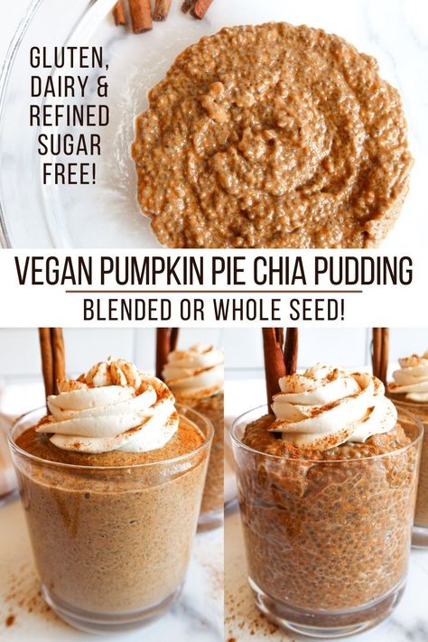 This quick, easy pumpkin pie chia seed pudding recipe is made with coconut milk (or sub almond milk), pumpkin puree, maple syrup, cinnamon, nutmeg, salt & vanilla! This gluten free, dairy free, refined sugar free, vegan treat is an excellent make ahead breakfast, snack, healthy dessert or lunch idea. Leave seeds whole or blend them for a smoother texture. Serve in a small bowl, glass or jar! Ready in 20-30 minutes or let it sit overnight! Add toppings like non-dairy whip cream or chopped nuts. Pumpkin Chia Seed Pudding Coconut Milk, Blended Chia Seed Pudding, Dieting Recipes, Pumpkin Pie Chia Pudding, Chia Puddings, Chia Recipes, Pumpkin Quinoa, Clean Desserts, Healthy Foods To Make