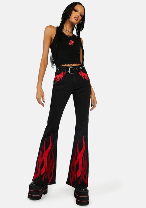 Flame Jeans, Mini Denim Skirts, Embroidered Flames, Cowgirl Boots Black, Flame Pants, Black Mini Skirts, Pink Platform Boots, Black Cowgirl Boots, Black Cowgirl