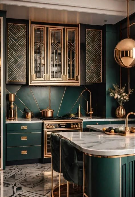 Vibrant House Aesthetic, Art Deco Green Kitchen, Jewel Tone Kitchen, Green And Black Kitchen, Unusual Kitchens, Art Deco Kitchen Design, Dark Green Interior, Condo Decor, Art Deco Kitchen