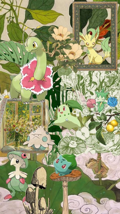 Pokemon Collage Wallpapers, Bulbasaur Aesthetic, Pokémon Collage, Pokemon Collage, Surrealism Collage, Green Pokemon, Random Wallpaper, Halloween Hocus Pocus, Patterns Wallpaper