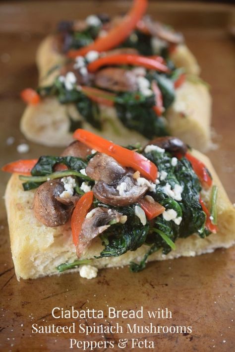 Recipes With Chibata Bread, Sauteed Peppers, Spinach Mushroom, Raw Spinach, Baking Bread Recipes, Ciabatta Bread, Sauteed Spinach, Pizza Recipes Homemade, Spinach Stuffed Mushrooms