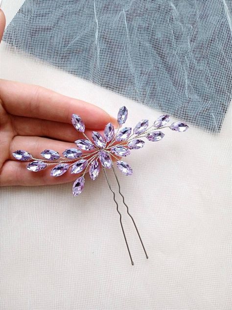 Small crystal purple hair pin - will be an excellent addition to the bride's hairstyles. If you are looking for small crystal purple accessories for your bridesmaids, this is what you need. Bridal hair pin is the perfect wedding hair accessory for the bride. The hair piece is flexible and lightweight. The width of the hair piece is 4 inches. ANY combination of crystal rhinestones! * All orders from the Exclusive Wedding Shop you will receive in a FREE beautiful gift box. * Standard shipping: - U Lavender Hair Accessories, Purple Hairpiece, Lilac Jewelry, Purple Hair Accessories, Homecoming Jewelry, Purple Wedding Jewelry, Light Purple Hair, Dark Purple Hair, Bridal Hair Pin