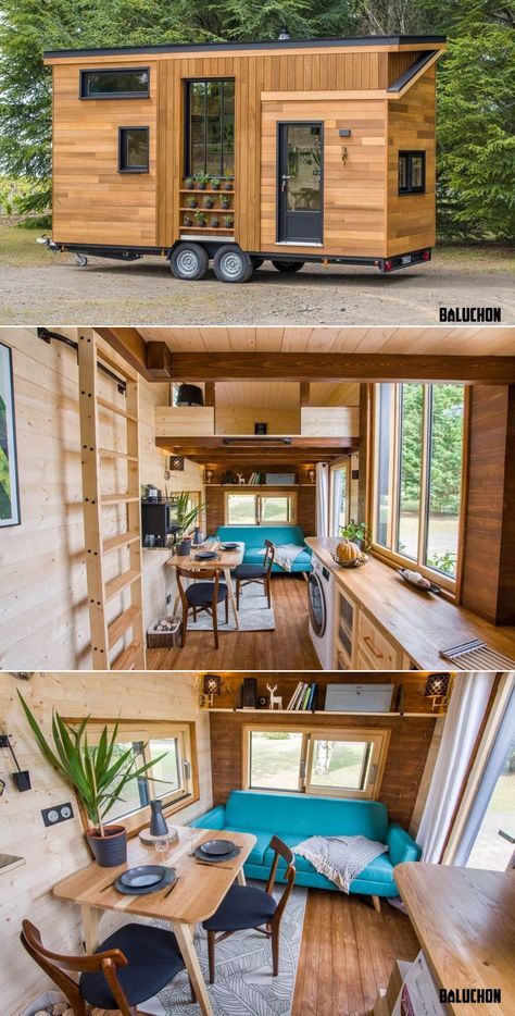 French tiny house builder Baluchon has recently built a tiny house on wheels for a family of three – Céline, her companion and daughter. Titled Astrild tiny house, it is located near Besançon in eastern France.  #tinyhouse #tinyhouseonwheels 8x20 Tiny House, 8 X 20 Tiny House Floor Plans, Tiny Garage, Tiny House Trailer Plans Layout, Tiny House On Wheels Interior, Tiny Home On Trailer, Modern Tiny House On Wheels, Micro House On Wheels, Build A Tiny House On Wheels