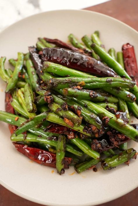 Szechuan Green Beans, Dry Fried Green Beans, Cj Eats, Dried Red Chili Peppers, Cooking Chinese Food, Dried Chili Peppers, Fried Green Beans, Asian Vegetables, Recipe Page