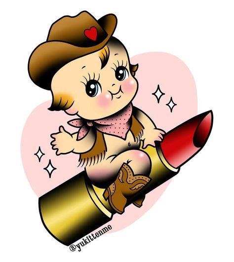 We absolutely loved working on this cowboy Kewpie for the sweet @themakeupwardrobe! 😱 How cute is he? We still have a few spots available for commissions until Christmas, so if you're interested just... Kewpie Dolls Drawing, Kewpie Cowboy, Cupie Doll Tattoo, Cowboy Kewpie, Kewpie Tattoo, Kewpie Art, Traditional Tattoo Flowers, Doll Tattoo, Doll Drawing