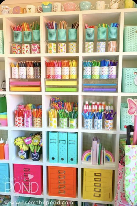 Ikea Desk In Front Of Window, Rainbow Craft Room, Shop Decoration Ideas, Rainbow Shelves, Skills For Kindergarten, Dream Art Room, Stationery Store Design, Classroom Organization Elementary, Craft Shed