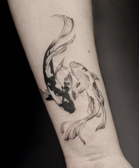 In Between Chest Tattoo Female Aesthetic, Masculine Koi Fish Tattoo, 2 Fish Tattoo Design, Koi Fish Tattoo Design Black And Grey, Text Tattoo Cover Up, Koi Fish Tattoo On Ribs, Koi Swimming Upstream Tattoo, Coi Carp Tattoo, Koi Fish Elbow Tattoo