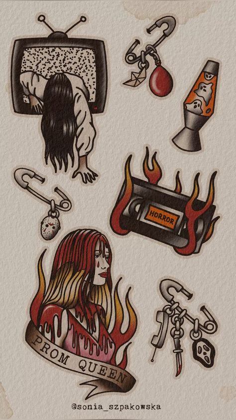 Traditional tattoo flash Seinfeld Tattoo, Flash Sheet Tattoo, Halloween Sleeve, Sailor Jerry Flash, Horror Sleeve, Brother Tattoos, Traditional Tattoo Inspiration, Horror Tattoos, Movie Tattoos