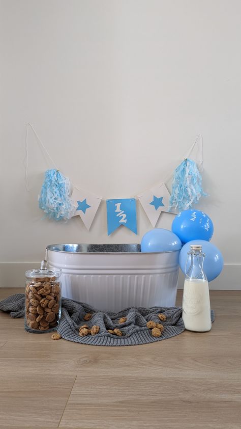 DIY milk bath for babies half birthday. Cookie jar and milk glass from dollar store. Decoration (banner and balloons) from Amazon. Cookie Milk Bath, Diy Milk Bath, Milk Bath Diy, Bath Diy, Birthday Background Design, Store Decoration, Cookies Theme, Birthday Cookie, Baby Pictures Newborn