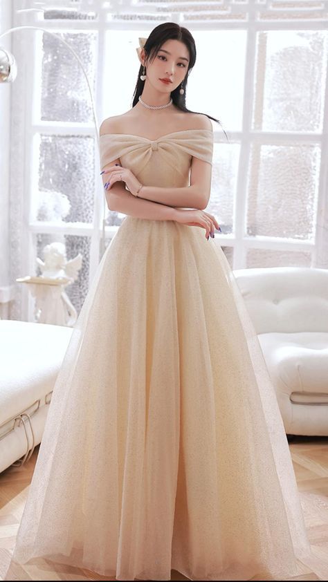 Korean Prom Dresses, Prom Dress Champagne, Off The Shoulder Evening Dress, Champagne Gown, Prom Dress A Line, Tulle Long Prom Dress, Off Shoulder Evening Dress, Classy Gowns, A Line Prom Dress