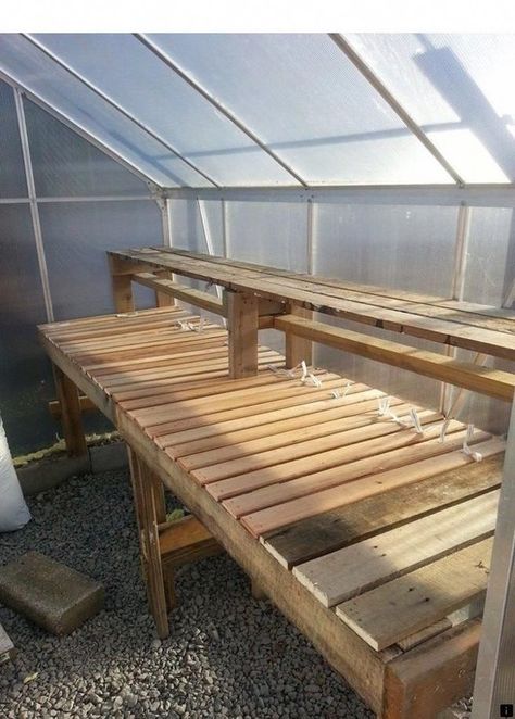 Diy Greenhouse Shelves, Pallet Greenhouse, Diy Rock Garden, Greenhouse Benches, Greenhouse Shelves, Small Greenhouse Ideas, Diy Greenhouse Cheap, Shed Greenhouse, Diy Greenhouse Plans