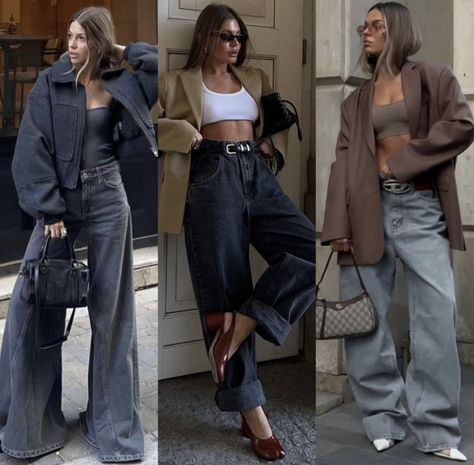 Outfit Sabato Sera, Outfit Sera, Wide Leg Jeans Outfits, Outfit Elegante, Chic Blazer, Denim Outfits, Casual Hairstyles, Jeans Outfits, Rainy Day Outfit