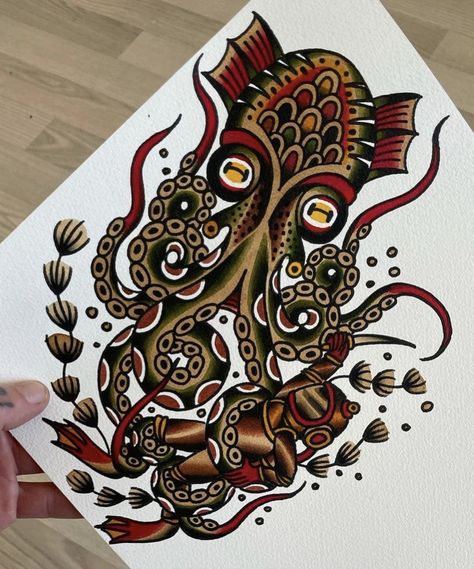 Traditional Tattoo Octopus, Aquatic Tattoo, Octopus Tattoo Sleeve, Kraken Tattoo, Squid Tattoo, Seahorse Tattoo, Traditional Tattoo Old School, Vintage Tattoo Design, Octopus Tattoo Design