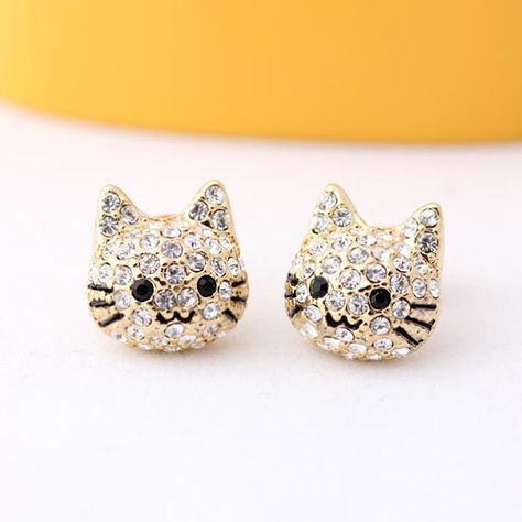 cute kitty style stud earrings, swarovski decoration in gold Cat Earrings Studs, Animal Cartoon, Cat Jewelry, Crystal Stud Earrings, Cat Earrings, Lovely Earrings, Girls Earrings, Animal Jewelry, Fashion Accessories Jewelry