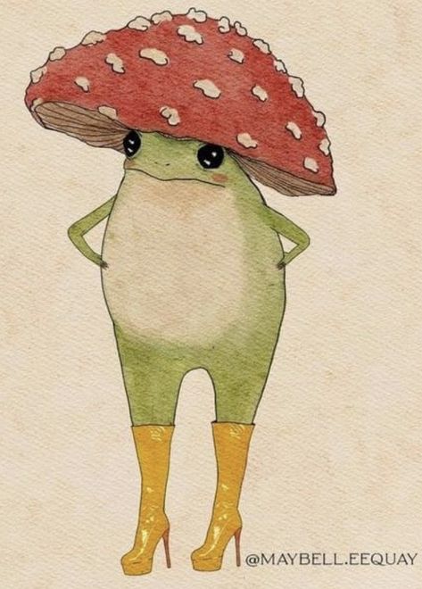 Funny Animal Paintings Easy, Derpy Frog Drawing, Frog With Mushroom Hat Tattoo, Frog With Mushroom Hat Drawing, Frog Drawing With Mushroom, Funny Watercolor Paintings, Mushroom Frog Drawing, Funky Art Painting Inspiration, Aesthetic Frog Drawing