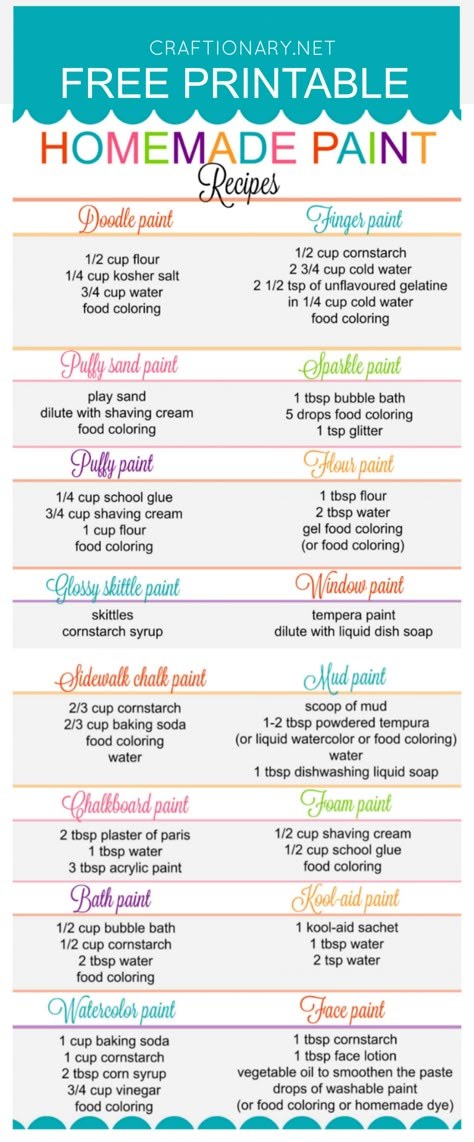 Homemade paint recipes free printable to create your own paints using simple ingredients Homemade Board Games For Kids, Homemade Board Games, Sparkle Paint, Homemade Paint, Board Games For Kids, Crafty Kids, Preschool Art, Toddler Crafts, Cool Diy