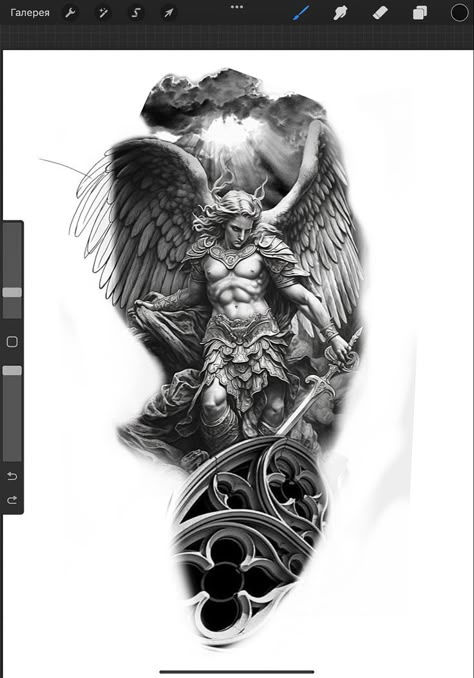 Angel Warrior Tattoo, Guardian Angel Tattoo Designs, Archangel Michael Tattoo, St Michael Tattoo, Selfie Props, Leg Sleeve Tattoos, Warrior Angel, Red Tattoo Ideas, Leg Tattoo Ideas