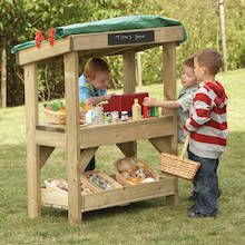 Wooden Play Shop, Role Play Shop, Kids Backyard, Furniture Selection, Outdoor Play Areas, Mini Chalkboards, Outdoor Shop, Kids Outdoor Play, Outdoor Play Area