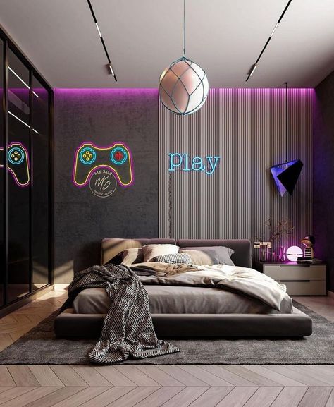 Bedroom design for gamers Cool Boys Room, Gaming Bedroom, Led Lighting Bedroom, Game Room Family, Gamer Boy, Boys Rooms, Kids Bedroom Design, Boys Bedroom Decor, Boy Bedroom